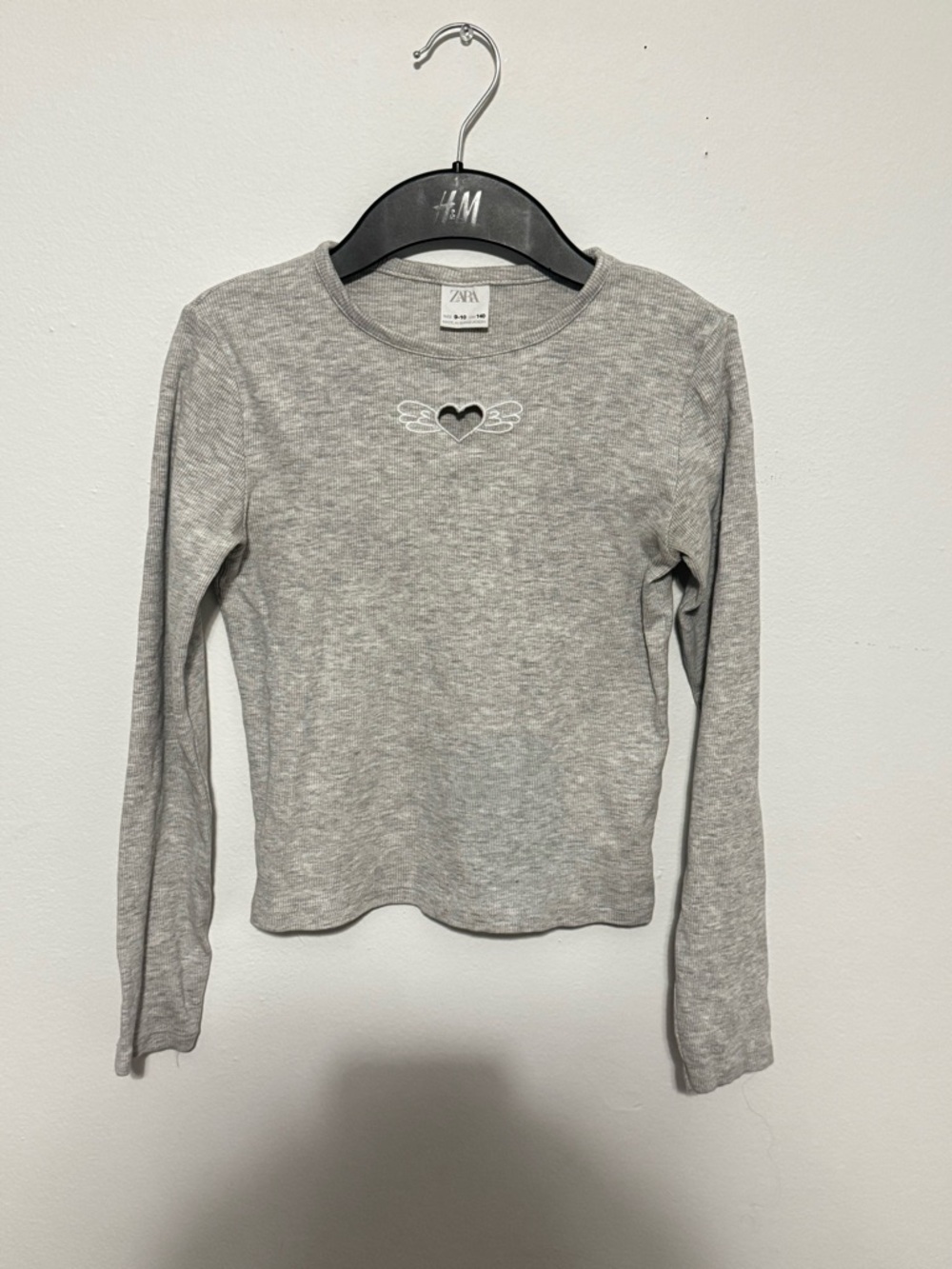 Zara Gray Long-Sleeve Tee with Winged Heart Embroidery